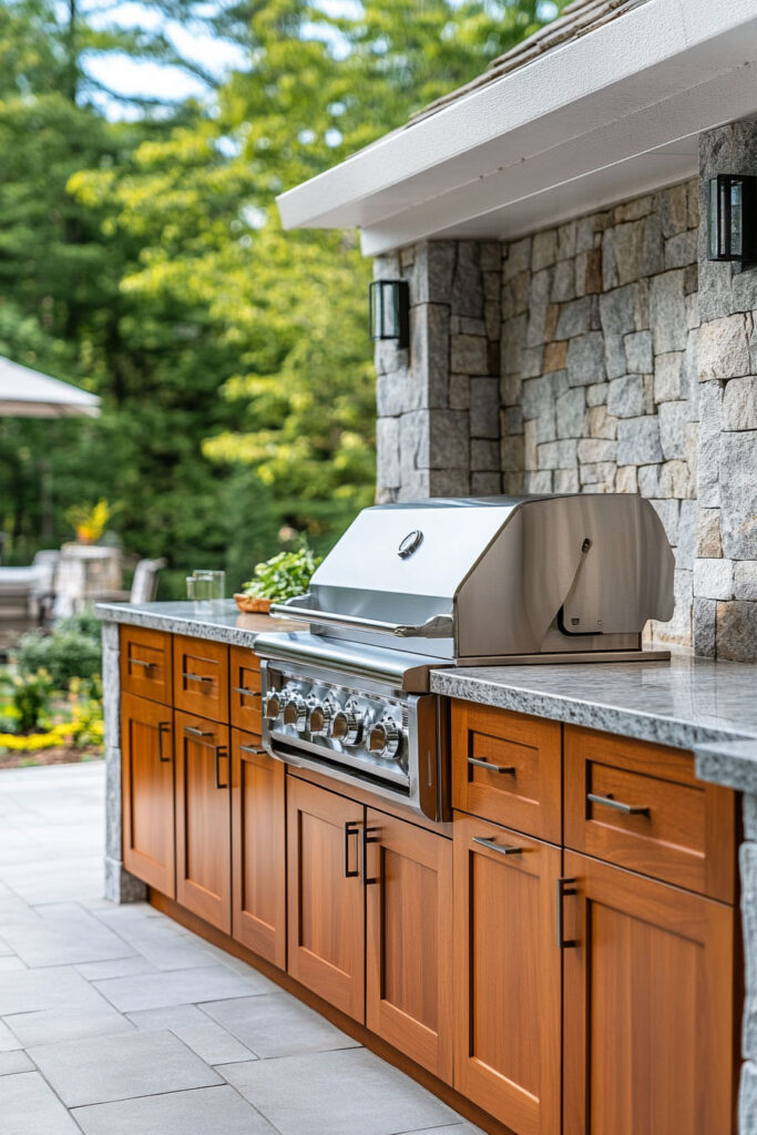 Outdoor grill station with stainless steel grill, wood cabinets, stone wall, granite countertop, and covered patio setting.