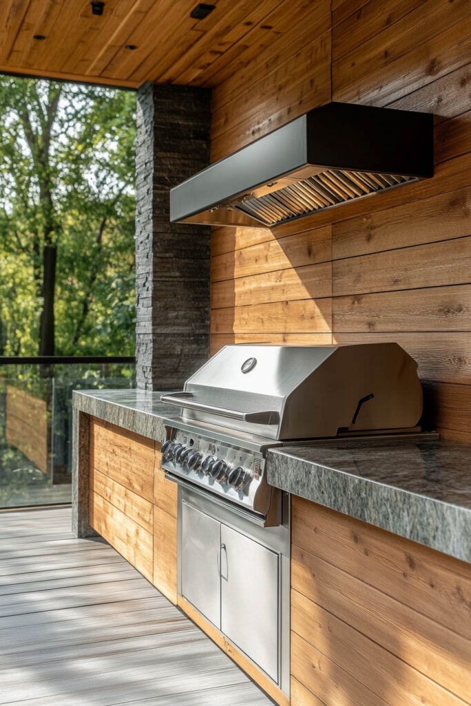 Covered outdoor grill station with stainless steel grill, wood paneling, stone countertop, and built-in vent hood