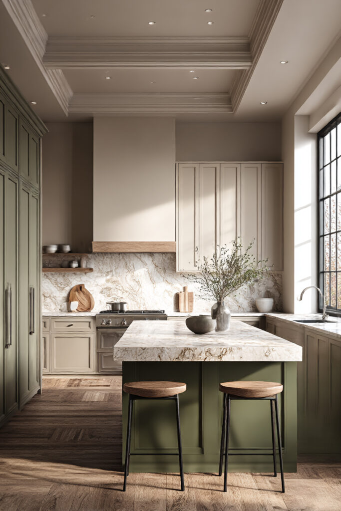 Earthy kitchen with natural stone backsplash, soft green cabinets, marble countertops, and warm neutral decor