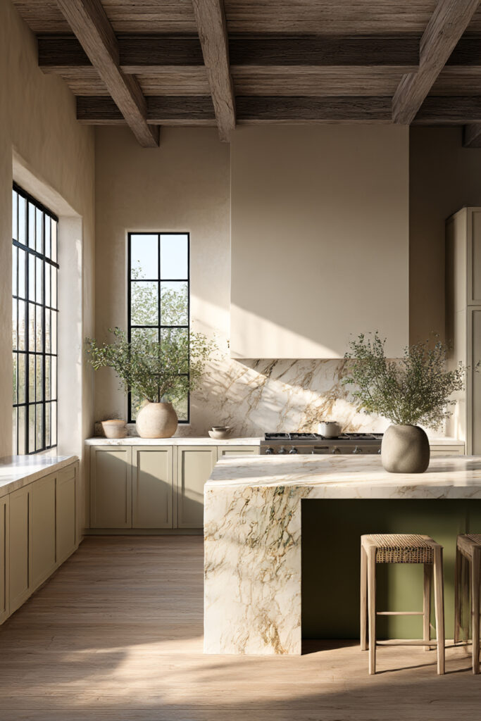 Kitchen with a natural stone backsplash, earthy green cabinetry, warm wood beams, and neutral finishes in a modern organic design.