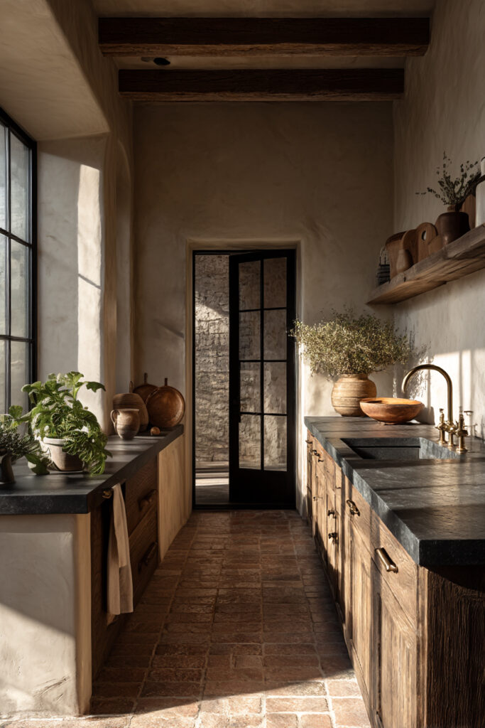 Kitchen with dark stone and clay tile backsplash, rustic wood cabinets, plaster walls, terracotta flooring, and brass fixtures.