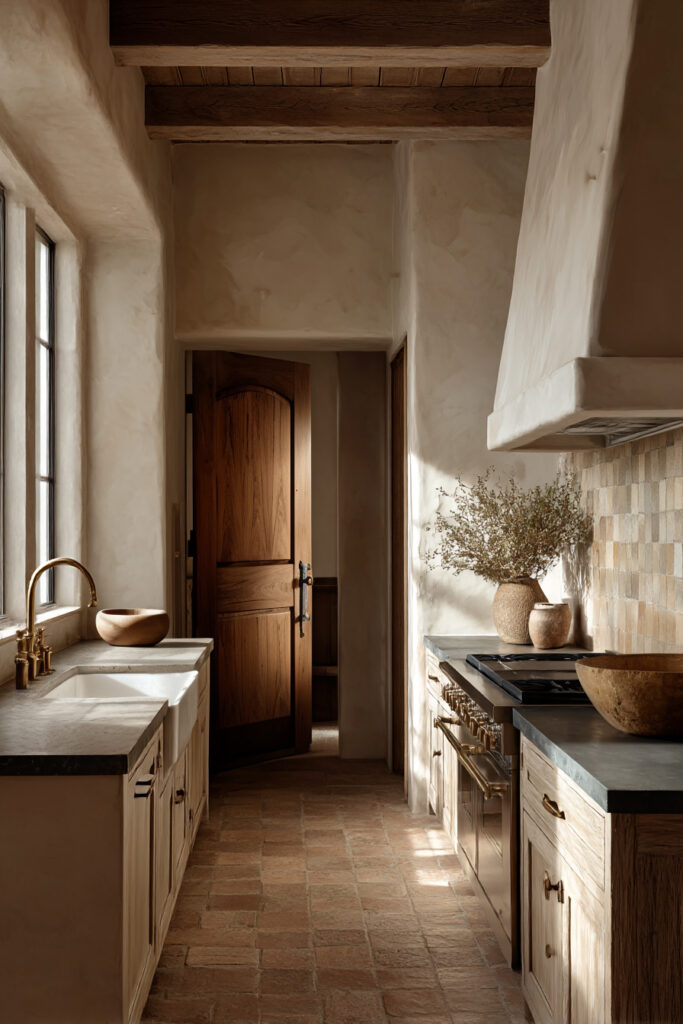 Kitchen with stone tile backsplash, plaster walls, exposed wood beams, warm wood cabinets, and brass fixtures in a rustic, layered design.
