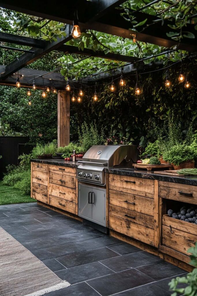 Rustic outdoor grill station with reclaimed wood cabinets, built-in stainless steel grill, pergola with string lights, and garden backdrop.