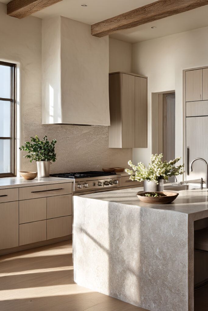 Kitchen with earthy stone or clay tile backsplash, light wood cabinets, plaster range hood, neutral stone island, and warm natural tones.