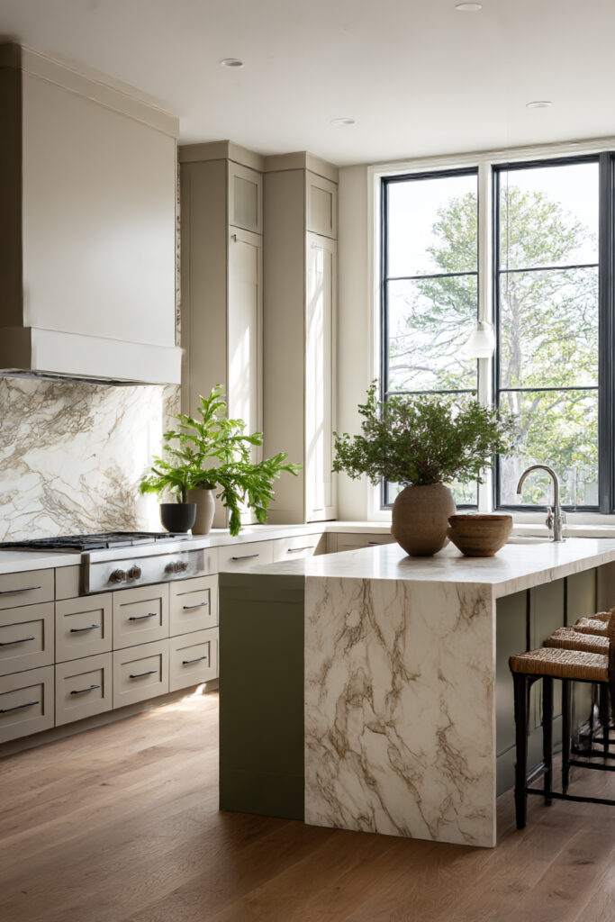 Kitchen with natural stone slab backsplash, earthy color palette, sage green cabinets, marble island, and warm wood flooring.