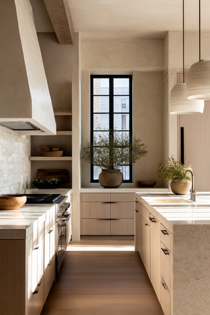 Kitchen with a light stone tile backsplash, pale wood cabinets, plaster walls, and earthy neutral tones in a minimalist organic design.
