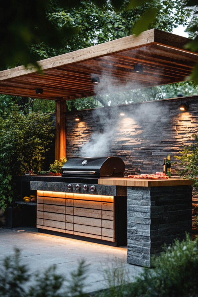 Modern outdoor grill station with stone base, wood cabinetry, built-in grill, covered roof, and warm integrated lighting at night.