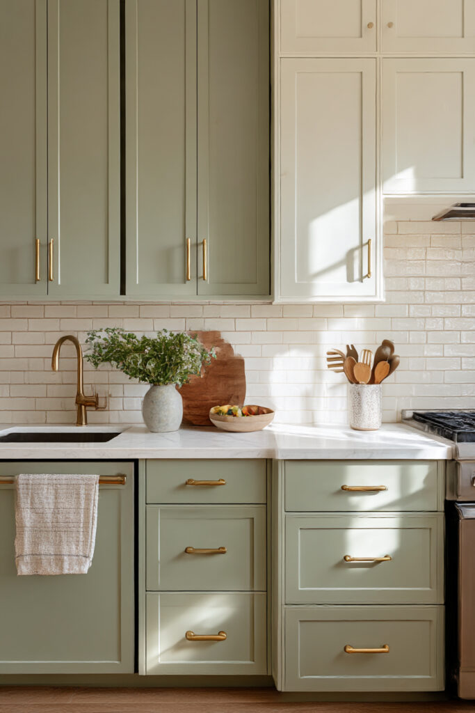Earthy kitchen with sage green cabinets, light stone tile backsplash, brass hardware, and warm neutral decor