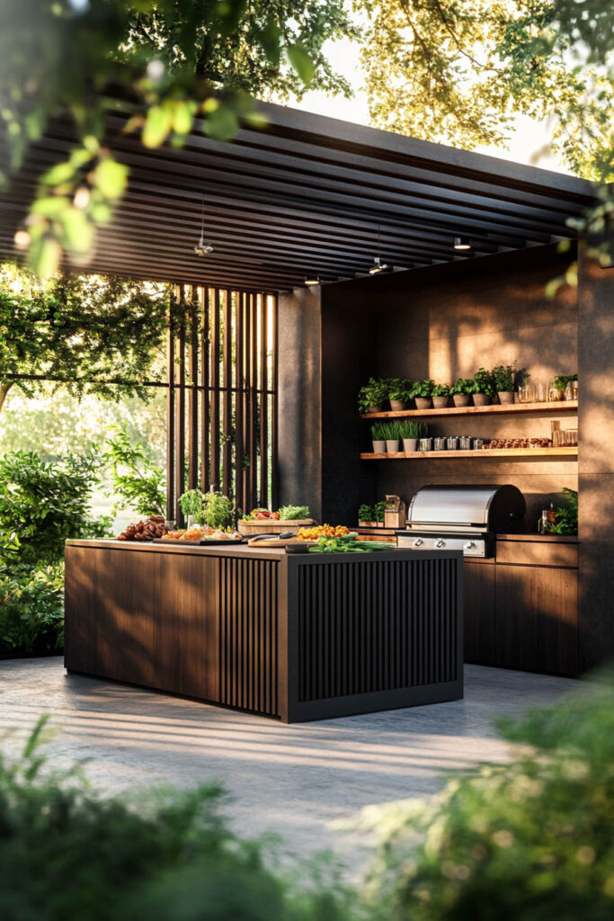 Modern outdoor grill station with dark wood cabinets, central island, built-in grill, open shelves with plants, and slatted pergola roof.