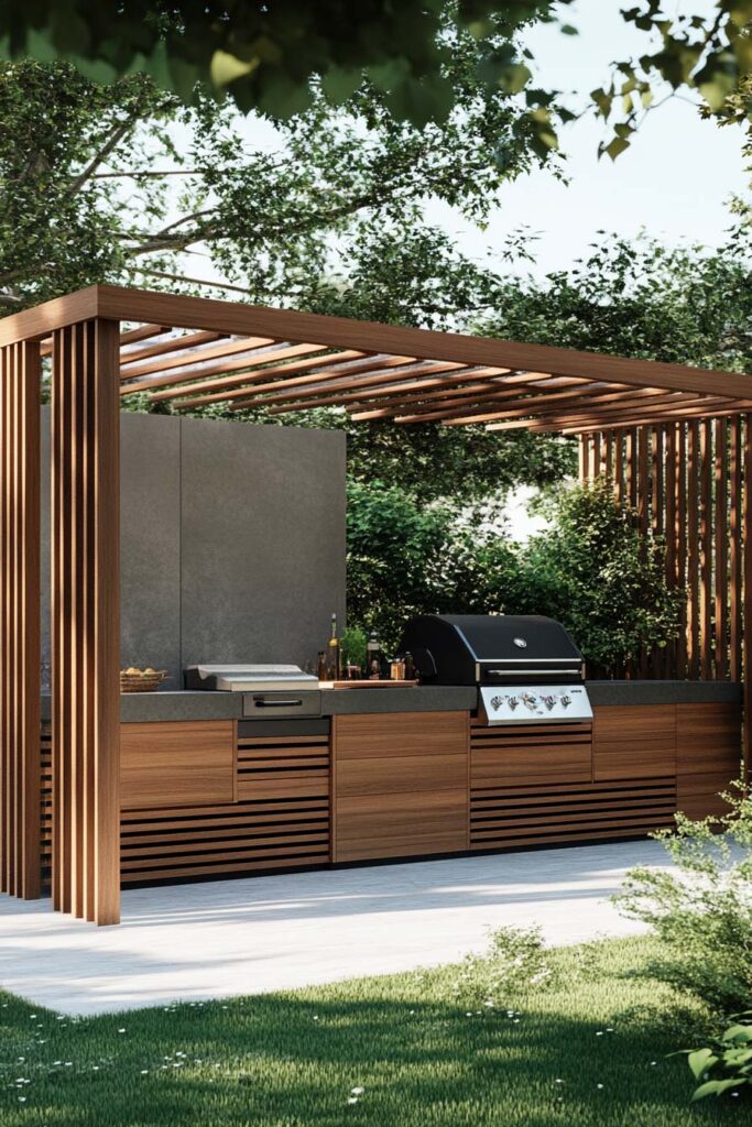 Modern outdoor grill station with wood cabinets, built-in gas grill, slatted pergola, concrete backsplash, and landscaped backyard.