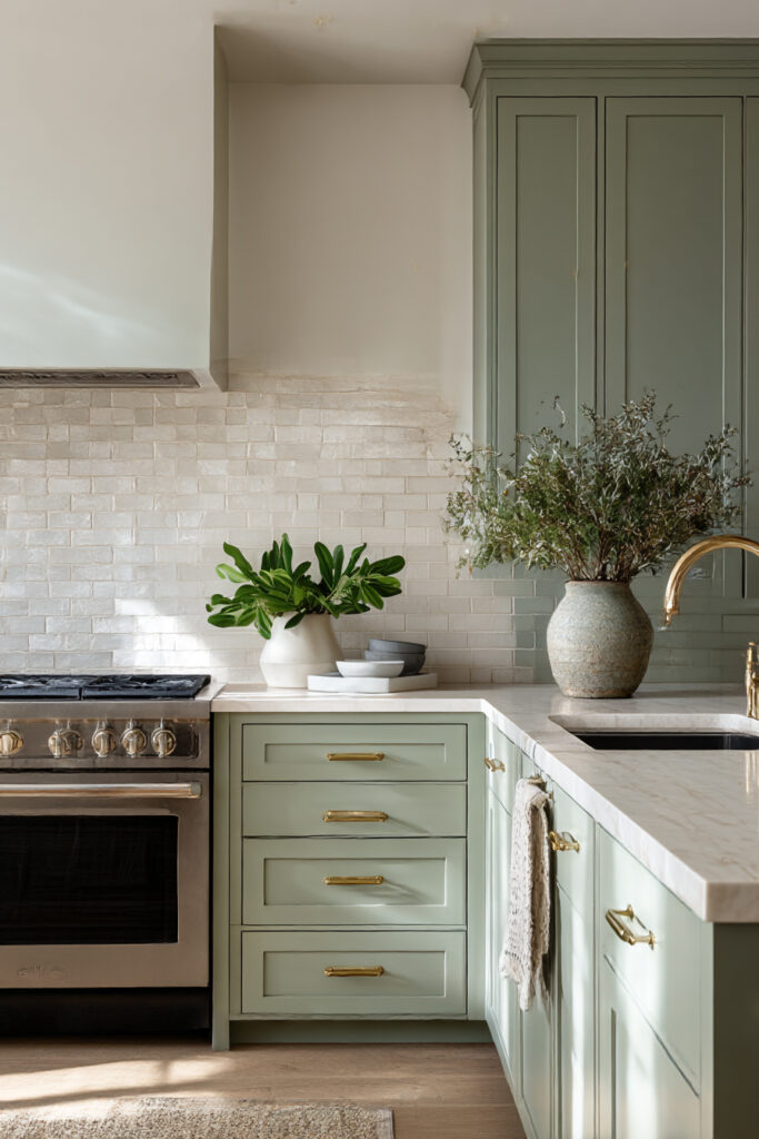 Kitchen with a light stone tile backsplash, sage green cabinets, brass hardware, and earthy neutral finishes in a warm, organic design.