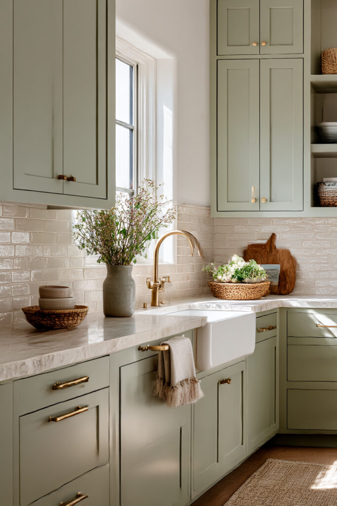 Kitchen with stone or clay tile backsplash, sage green cabinets, farmhouse sink, brass faucet, and warm neutral accents.