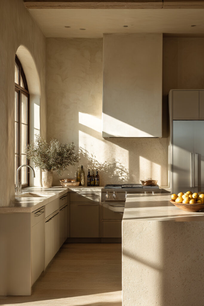 Kitchen with textured stone backsplash, plaster walls, neutral cabinets, stone island, and warm natural lighting in an earthy design.