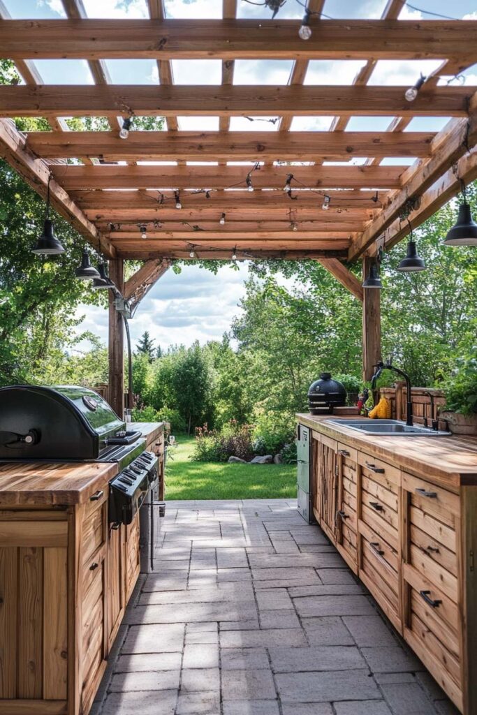 Rustic outdoor grill station with wood cabinets, built-in gas grill, prep sink, pergola roof, and string lights in a backyard setting.