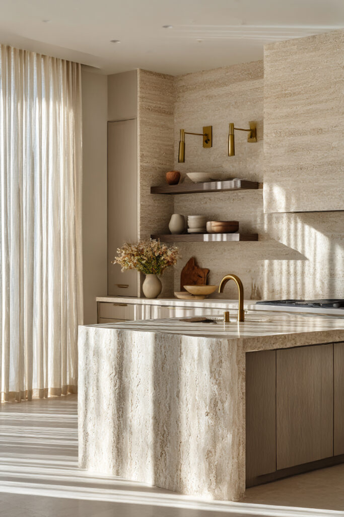 Modern kitchen with a full-height natural stone clay tile backsplash, stone island, wood cabinetry, open shelving, and brass fixtures in a warm neutral color palette.