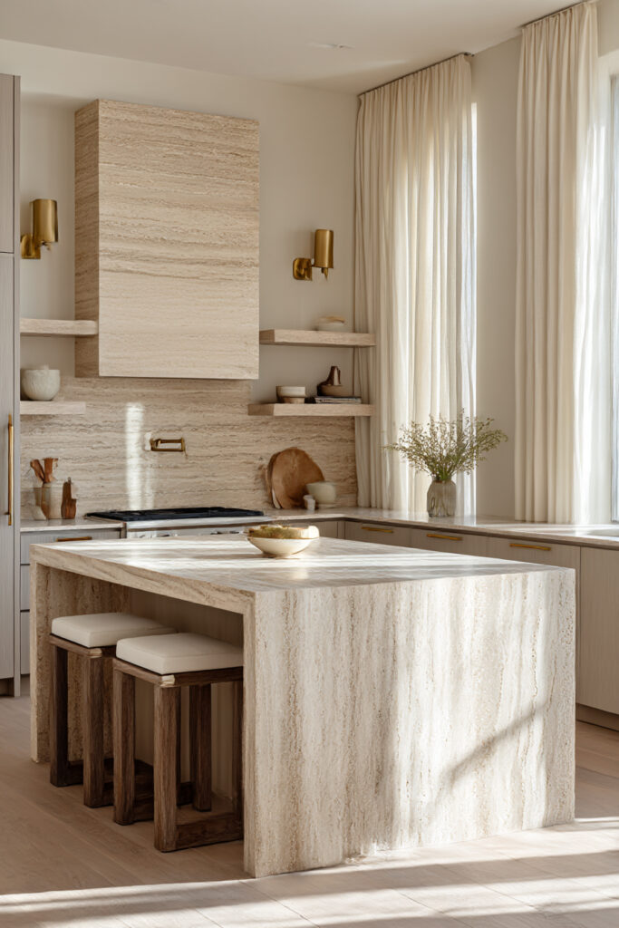 Kitchen with natural stone clay tile backsplash, integrated stone range hood, neutral cabinetry, and a large stone island with warm wood stools.