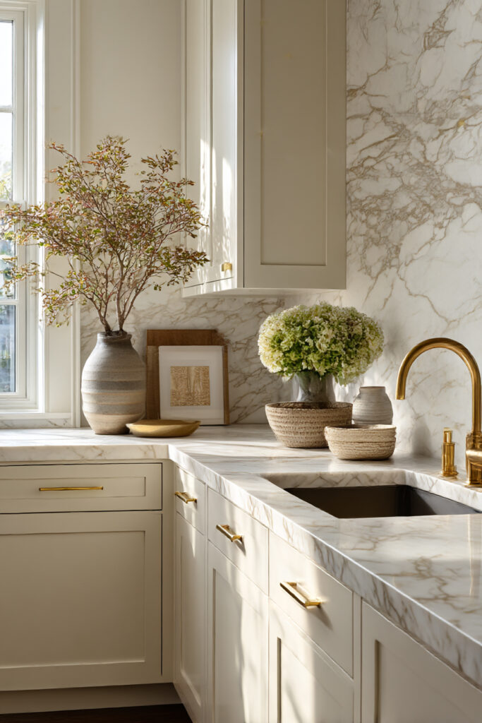 Natural stone kitchen backsplash with full-height marble, cream cabinets, brass hardware, and warm neutral kitchen decor