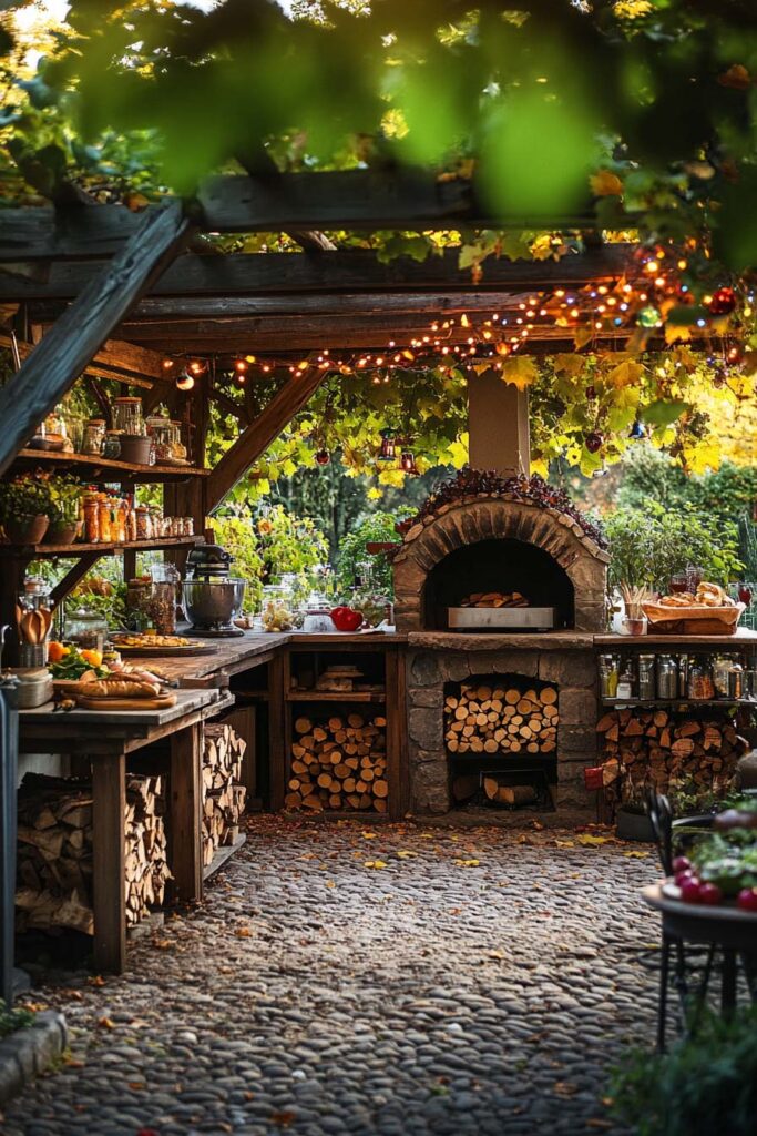 Rustic outdoor grill station with wood-fired oven, reclaimed wood counters, stacked firewood storage, and string lights under a pergola