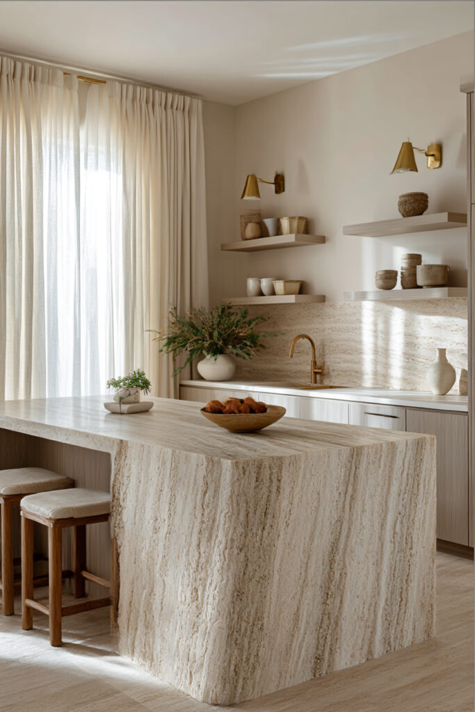 Kitchen with textured natural stone tile backsplash, light wood cabinets, floating shelves, and brass faucet in a warm neutral design.