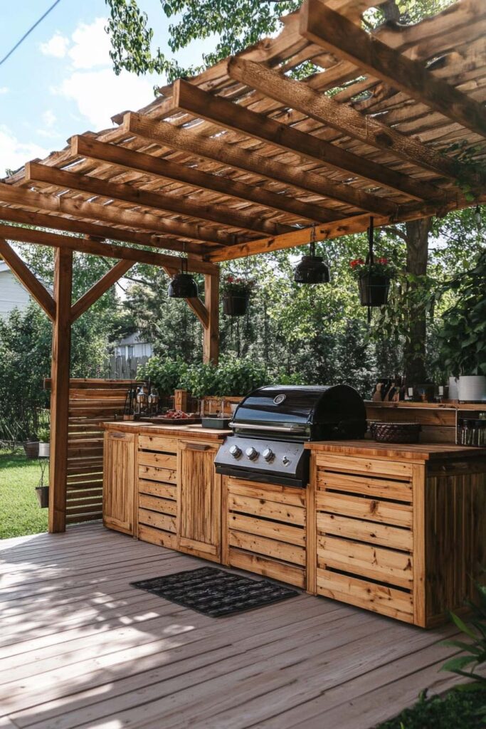 Wood outdoor grill station with built-in gas grill, custom wooden cabinets, and pergola roof on a backyard deck surrounded by greenery.