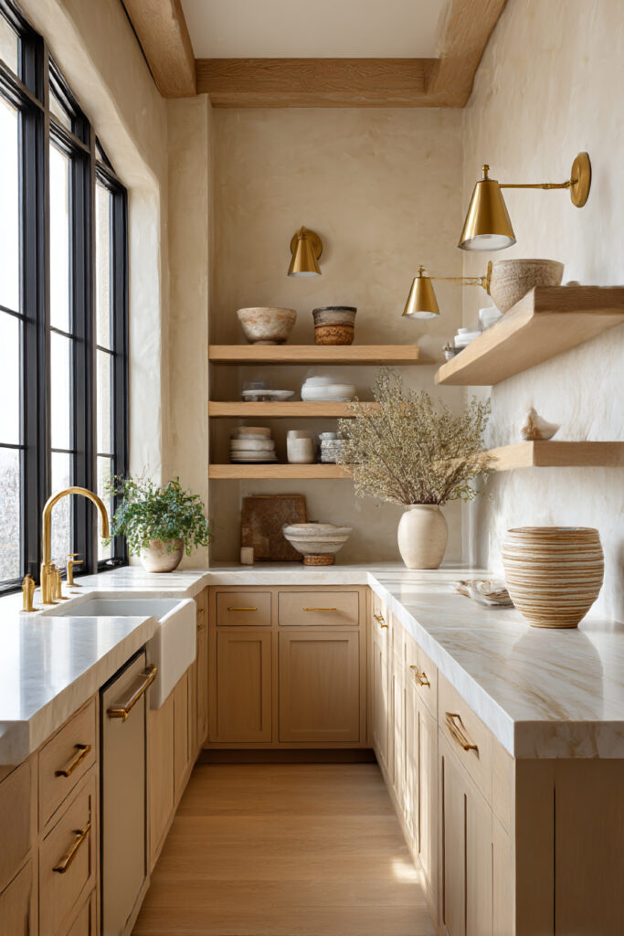 Earthy kitchen with light wood cabinets, plaster walls, open shelving, stone countertops, and warm brass lighting
