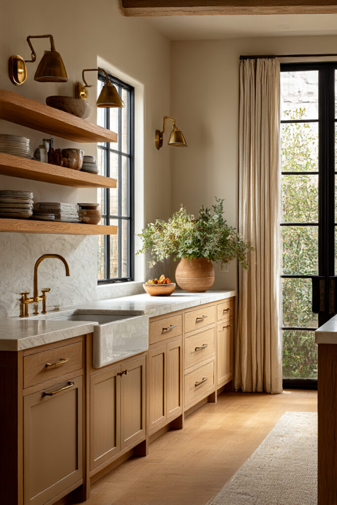 Kitchen with stone or clay tile backsplash, warm wood cabinets, open shelves, brass fixtures, and earthy neutral tones.