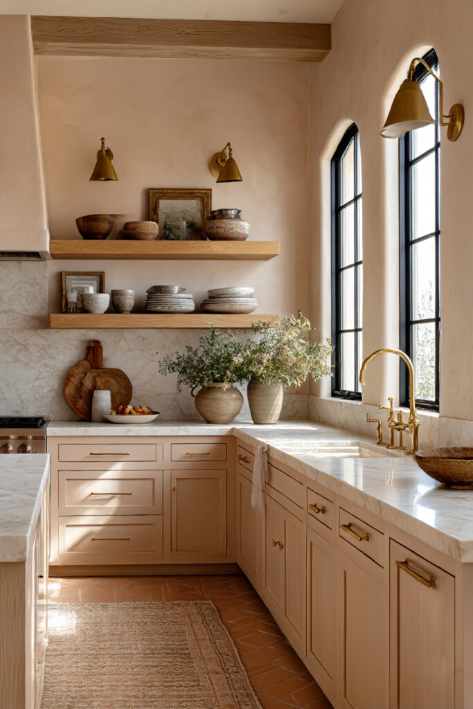 Kitchen with a natural stone backsplash, cream cabinets, terracotta flooring, brass fixtures, and earthy neutral tones in a Mediterranean-inspired design.