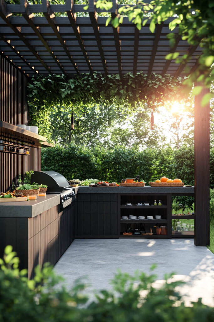 Outdoor grill station with dark cabinets, open shelving, pergola roof, built-in grill, and lush garden surroundings
