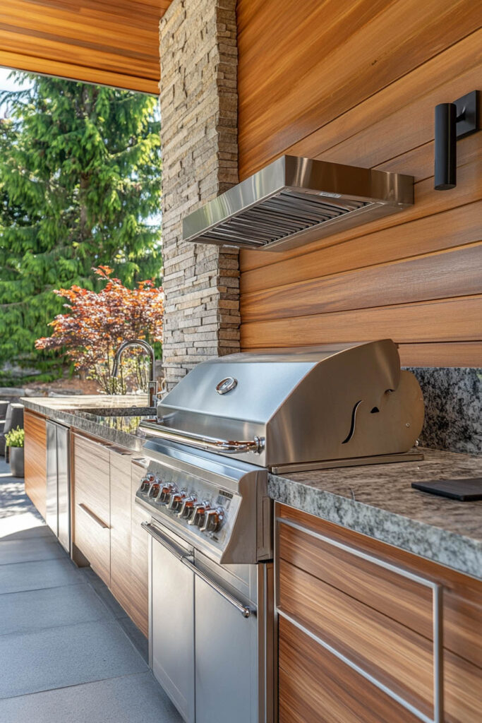Modern outdoor grill station with stainless steel grill, wood cabinetry, stone column, vent hood, and covered patio design.