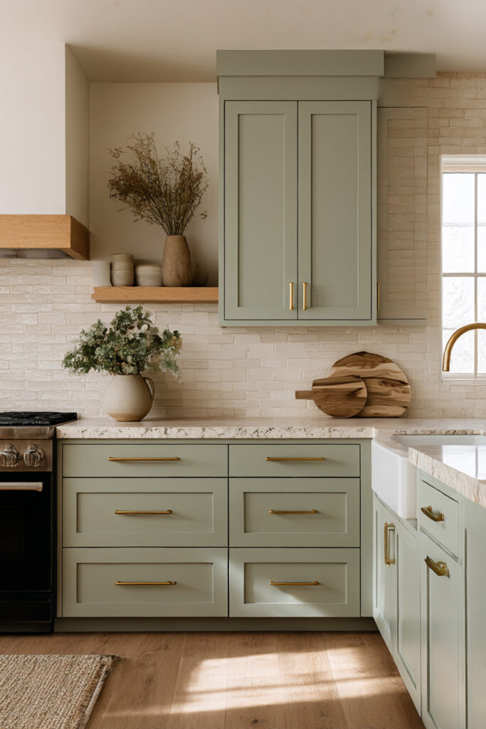 Kitchen with stone tile backsplash, sage green cabinets, brass hardware, open wood shelves, and neutral countertops in an earthy color palette.