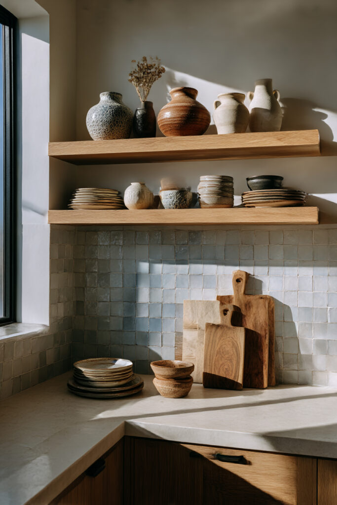 Kitchen with a handmade blue-gray clay tile backsplash, open wood shelving, stacked ceramic dishes, and warm natural styling accents.