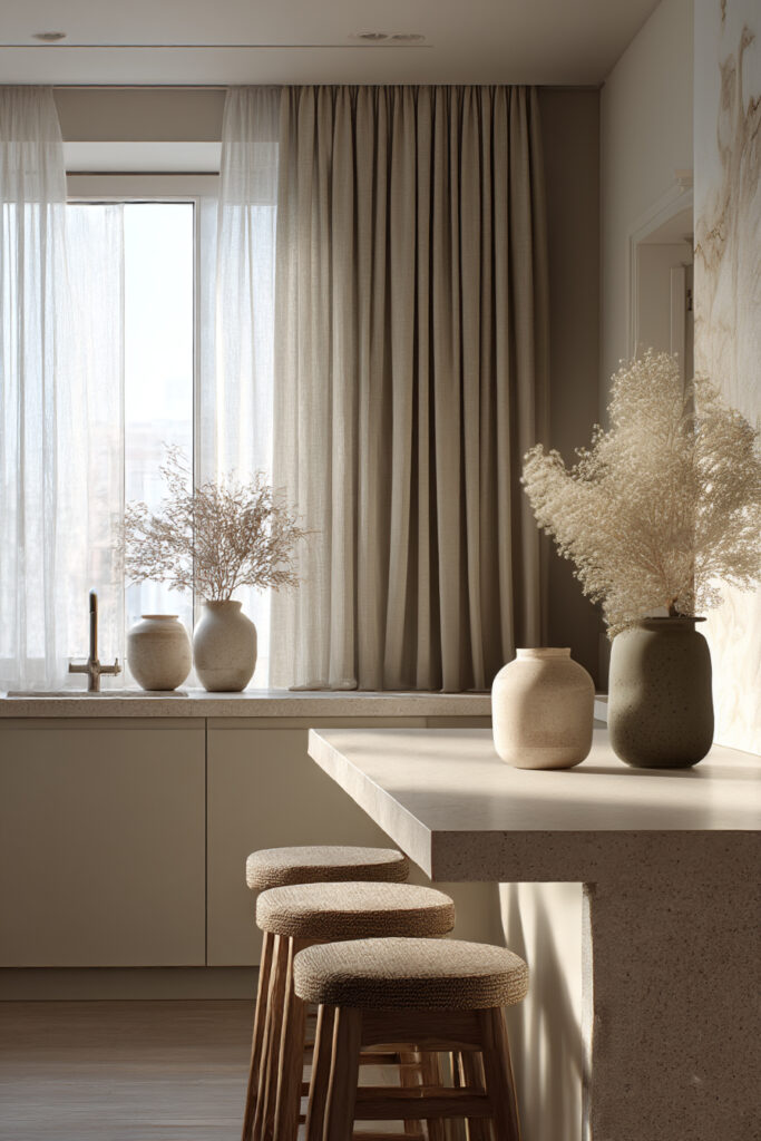 Kitchen with earthy stone or clay backsplash, soft neutral cabinetry, natural stone island, sheer curtains, and minimalist decor.