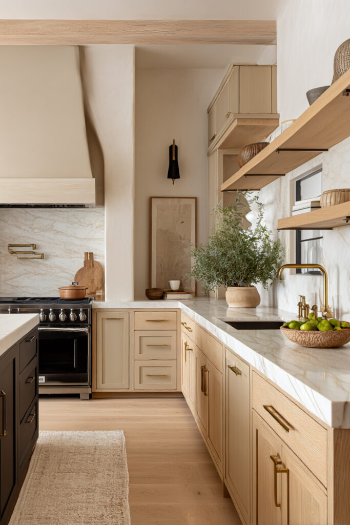 Kitchen with natural stone slab backsplash, warm wood cabinets, brass hardware, open shelving, and an earthy neutral color palette.