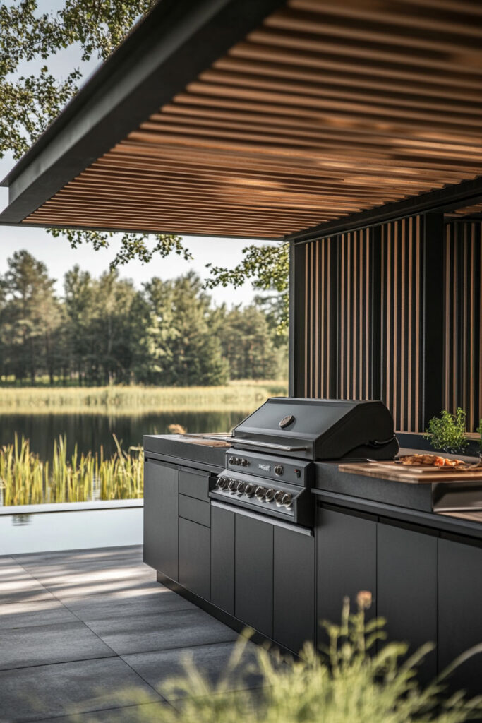 Modern outdoor grill station with black cabinets, built-in grill, slatted wood pergola ceiling, and lakeside backyard setting.