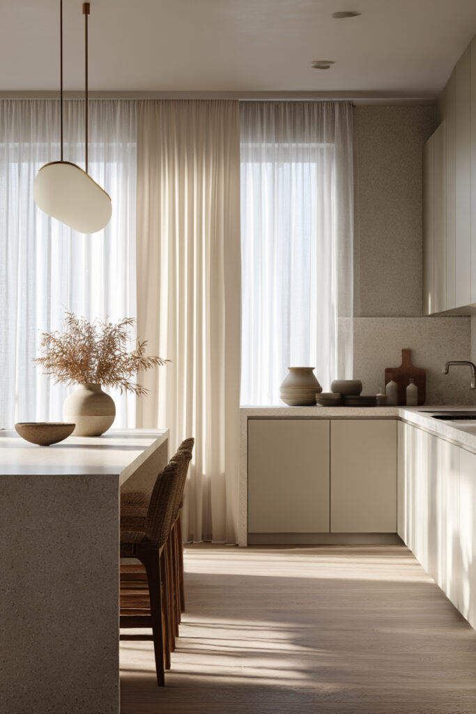Neutral earthy kitchen with stone countertops, soft beige cabinets, sheer curtains, and minimalist decor