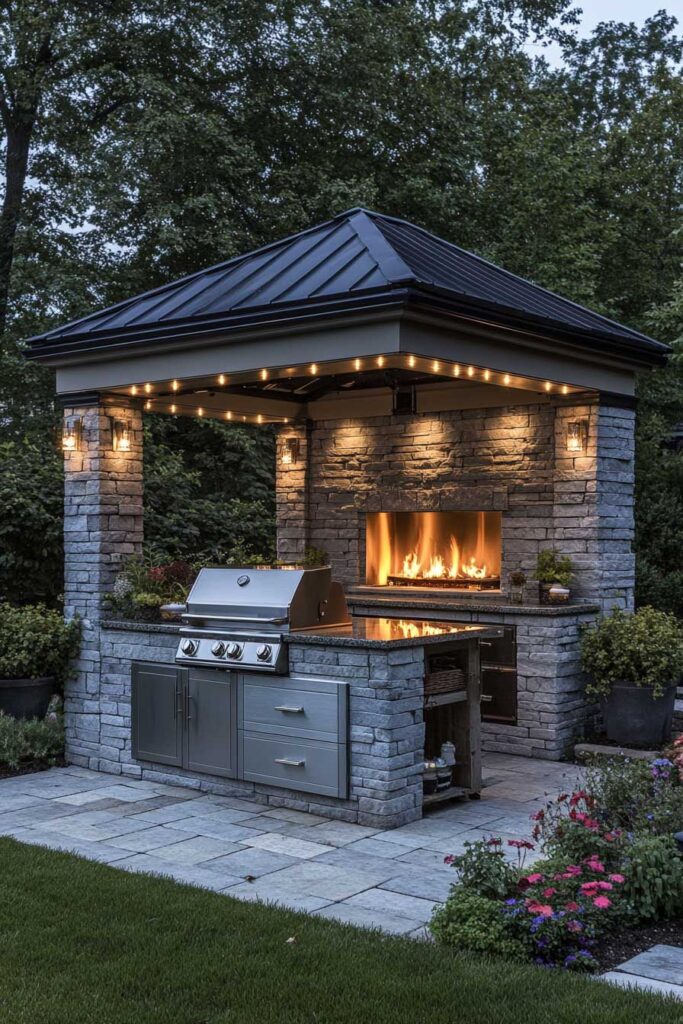 Luxury outdoor grill station with built-in grill, stone pavilion, outdoor fireplace, stone countertops, and evening landscape lighting.