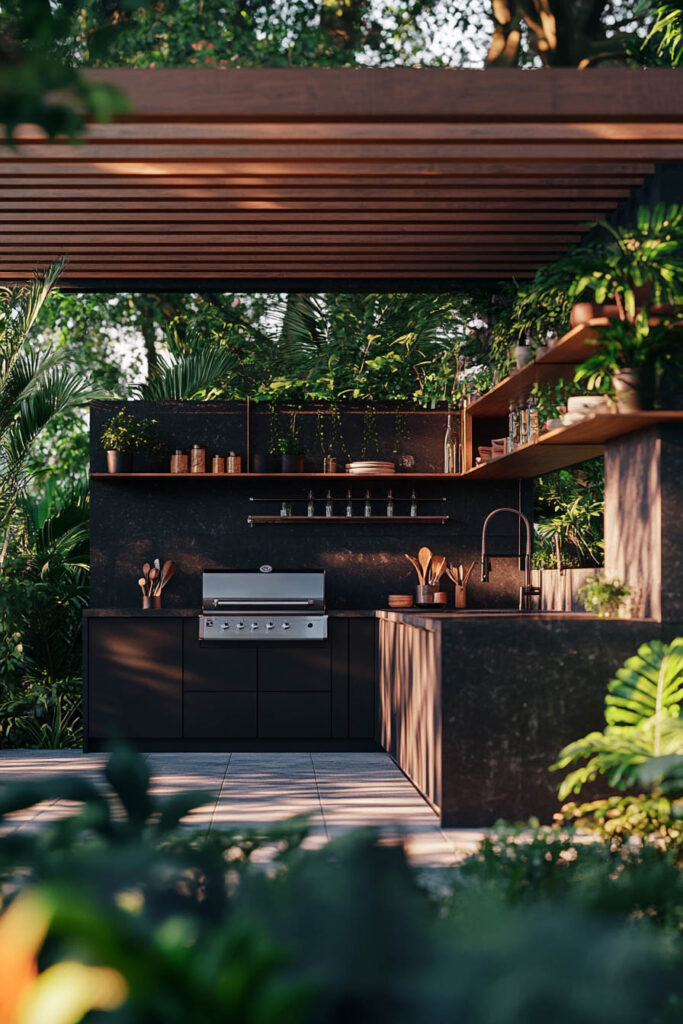 Modern outdoor grill station with dark cabinets, built-in grill, wood pergola, open shelving, and tropical garden surroundings.