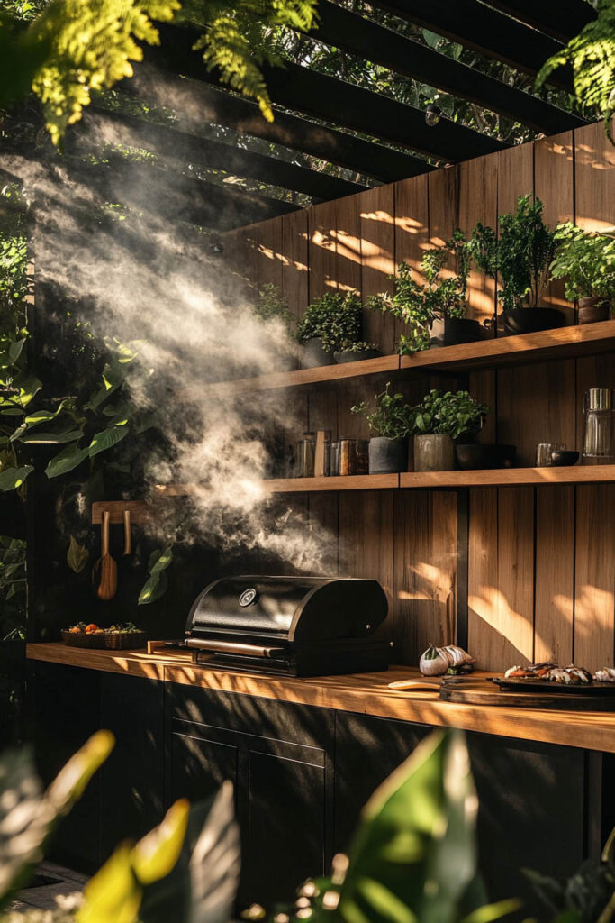 Outdoor grill station with dark cabinets, wood shelves, built-in grill, pergola overhead, and lush greenery in a shaded backyard.