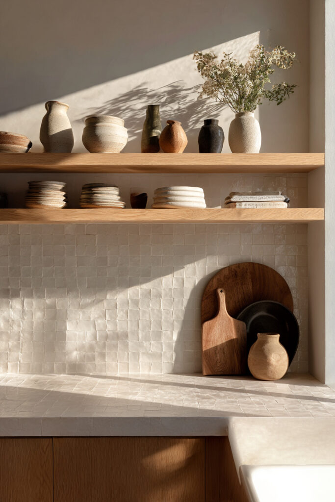 Kitchen stone tile backsplash with open wood shelves, neutral ceramics, and warm natural styling