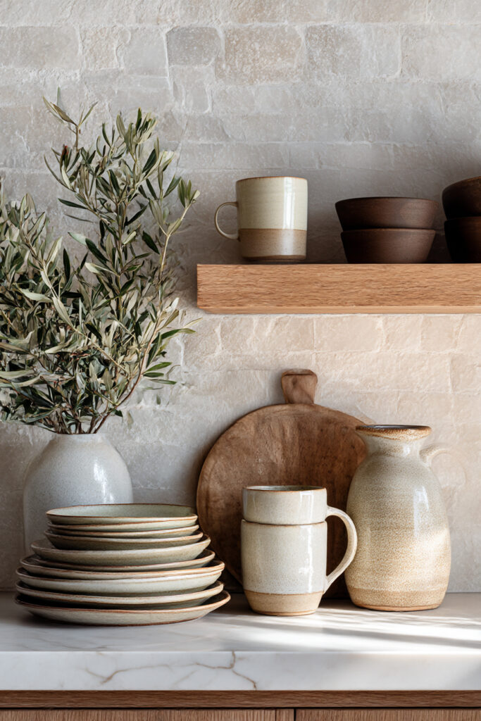 Kitchen with a light stone tile backsplash, open wood shelves, handmade ceramic dishes, neutral tones, and organic styling accents.