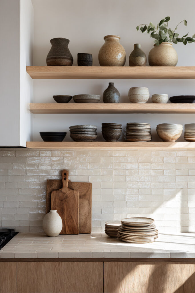Kitchen with stone or clay tile backsplash, open wood shelves, handmade ceramic dishes, warm neutral tones, and minimalist styling.