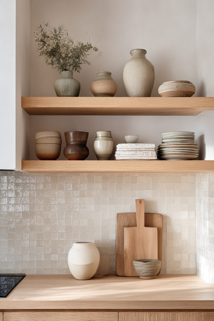 Kitchen with small square glazed tile backsplash, open wood shelves, neutral ceramic decor, and warm wood cabinetry.