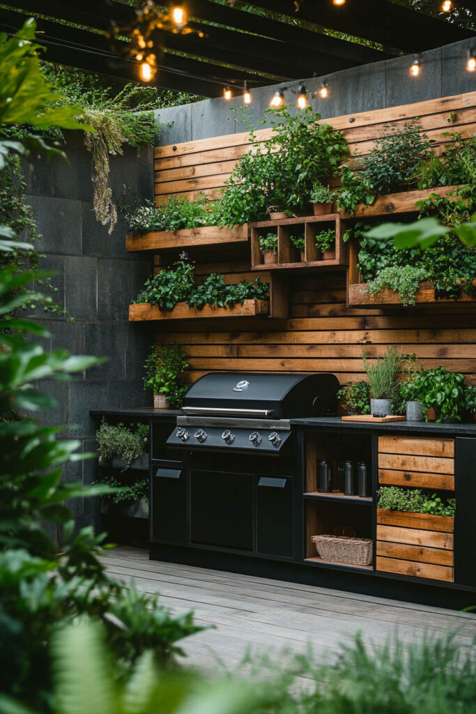 Outdoor grill station with black grill, wood panel wall, built-in planters, open shelving, and string lights