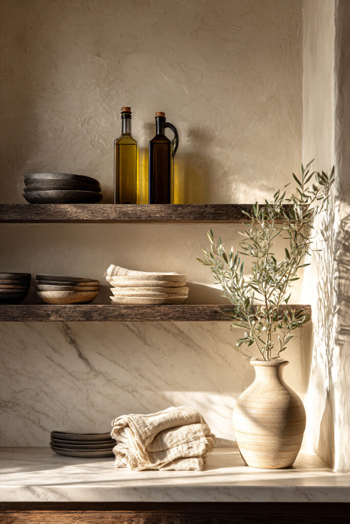 Kitchen with a light stone backsplash, rustic wood shelves, olive branches, neutral ceramics, and warm organic styling accents.