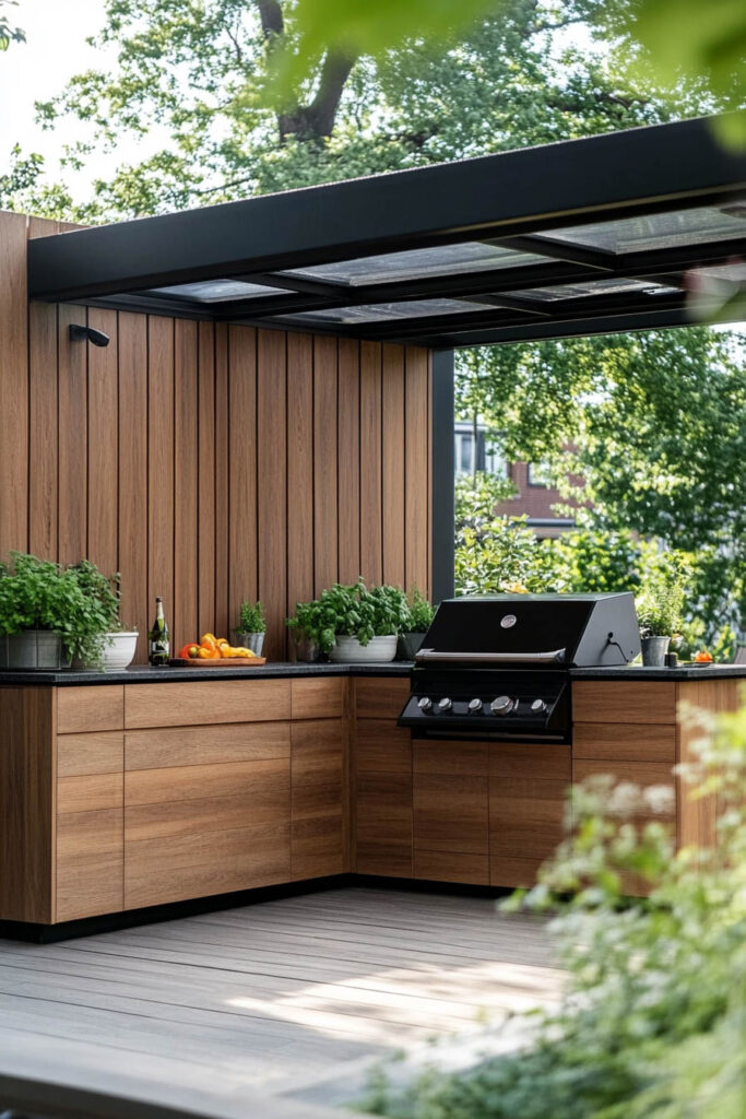 Modern outdoor grill station with wood cabinets, built-in grill, L-shaped layout, herb planters, and pergola roof in a backyard setting.
