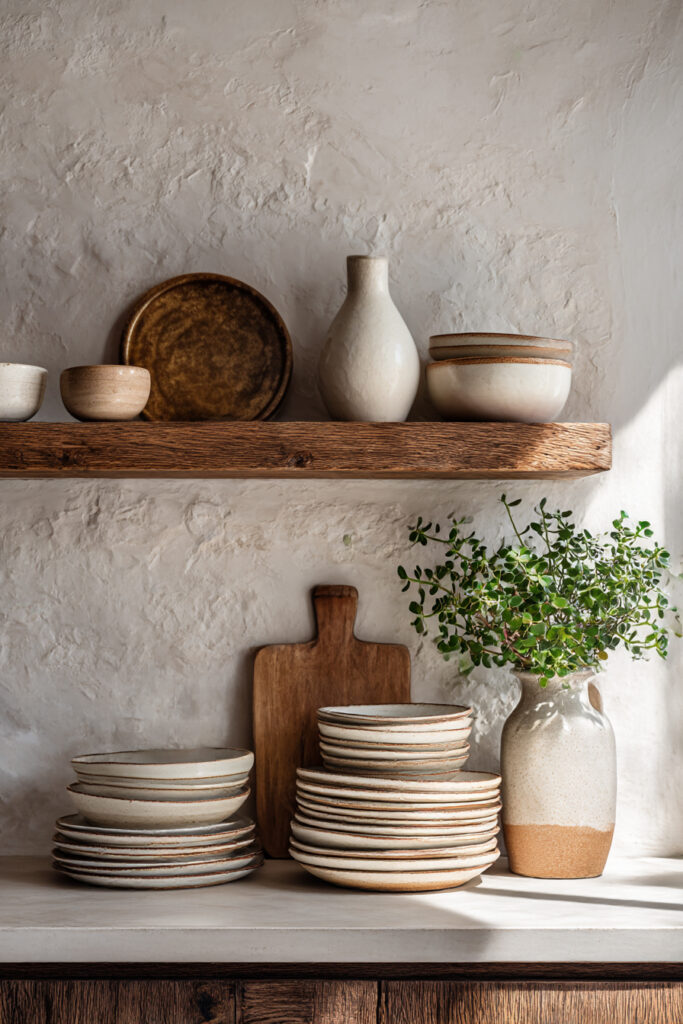 Kitchen with textured stone backsplash, open wood shelves, neutral ceramic dishes, and rustic wood accents in a warm, natural design.