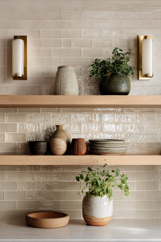 Kitchen with beige brick tile backsplash, open wood shelves, neutral ceramic decor, and warm, earthy styling.