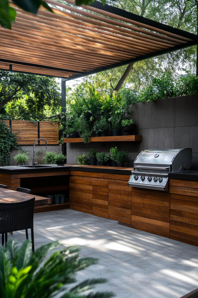 Outdoor grill station with wood cabinets, concrete countertops, slatted pergola, built-in grill, and integrated planters
