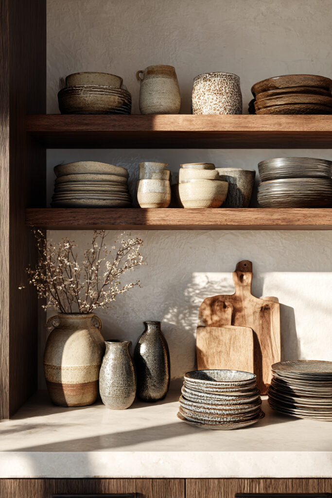 Kitchen with a light stone backsplash, open wood shelving, handmade ceramic dishes, warm neutral tones, and organic kitchen styling.