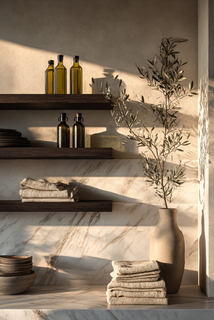 Kitchen with stone or clay tile backsplash, open wood shelves, marble-look surface, olive branches, neutral linens, and warm natural styling.